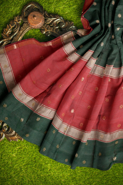 Green Semi Maheswari Cotton Sampada Puspa Butta Contrast Pallu Saree