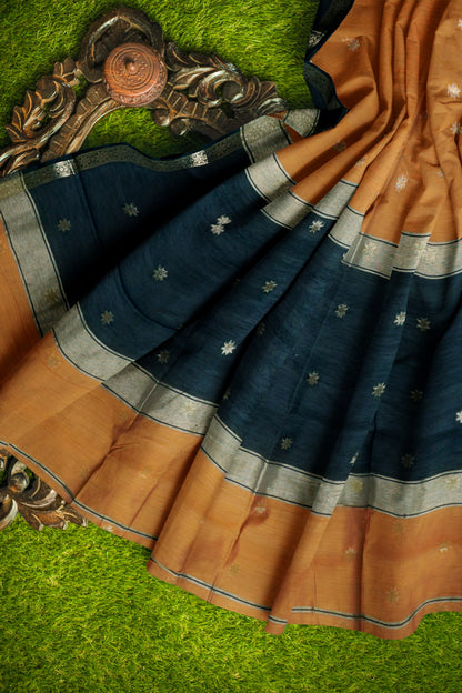 Dark Mustard Yellow Semi Maheswari Cotton Sampada Puspa Butta Contrast Pallu Saree