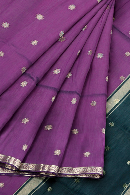 Purple Semi Maheswari Cotton Sampada Puspa Butta Contrast Pallu Saree