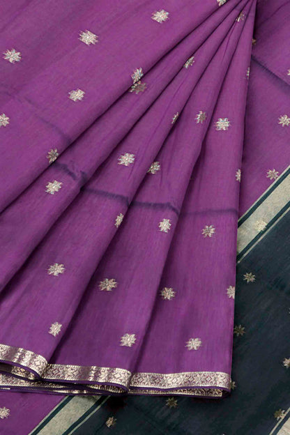 Purple Semi Maheswari Cotton Sampada Puspa Butta Black Contrast Pallu Saree