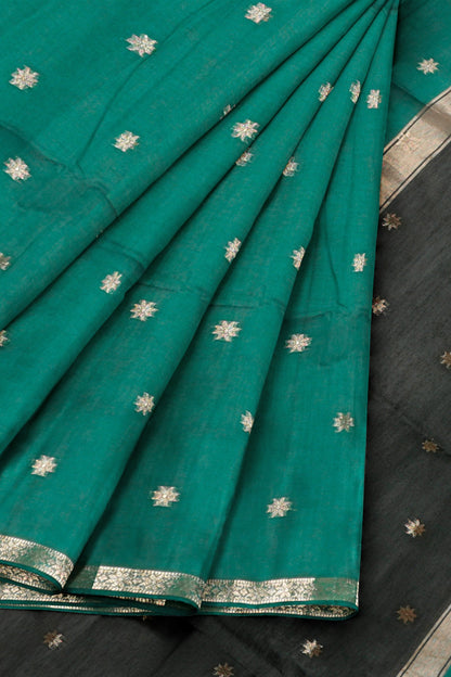Green Semi Maheswari Cotton Sampada Puspa Butta Contrast Pallu Saree