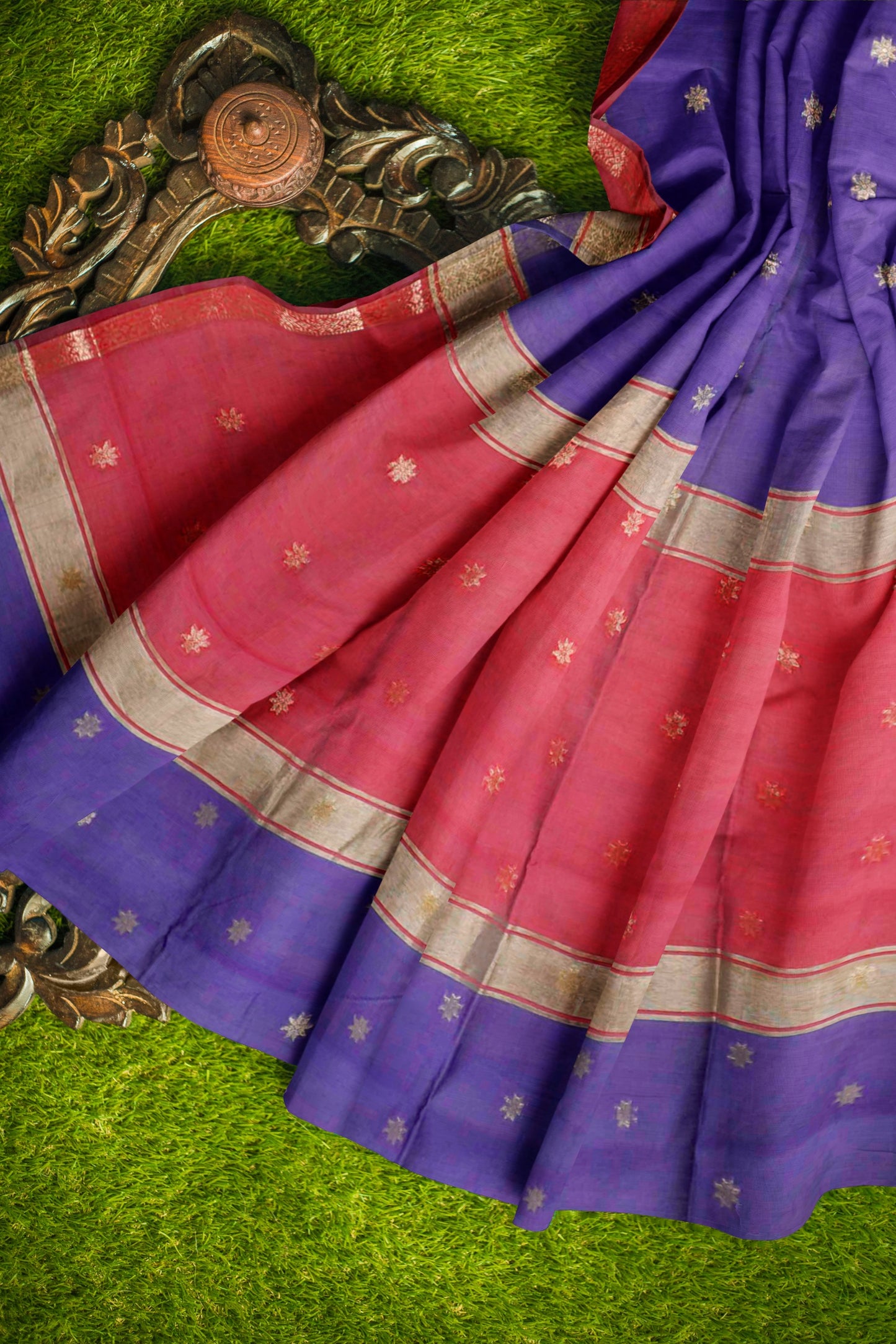 Violet Semi Maheswari Cotton Sampada Puspa Butta Contrast Pallu Saree