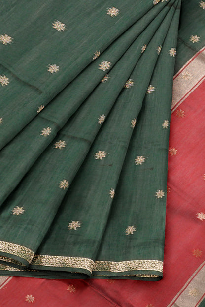 Green Semi Maheswari Cotton Sampada Puspa Butta Contrast Pallu Saree