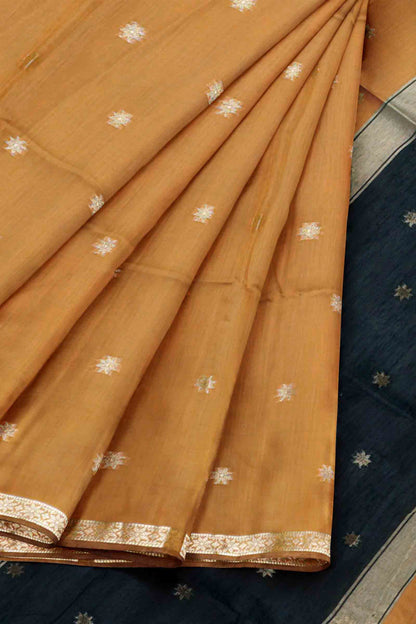 Dark Mustard Yellow Semi Maheswari Cotton Sampada Puspa Butta Black Contrast Pallu Saree