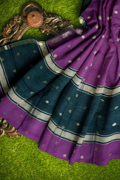 Purple Semi Maheswari Cotton Sampada Puspa Butta Contrast Pallu Saree