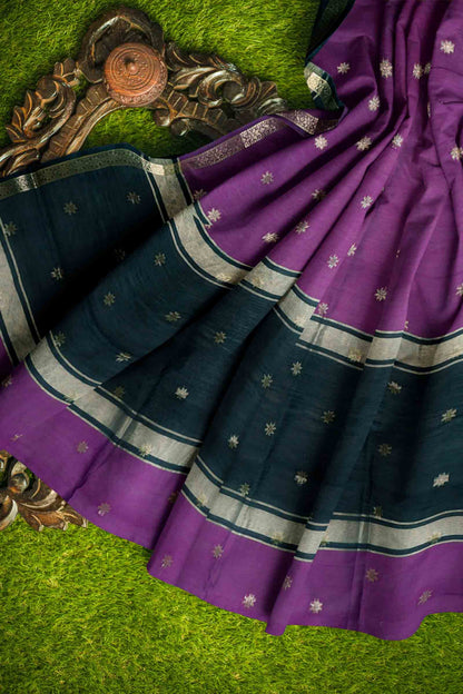 Purple Semi Maheswari Cotton Sampada Puspa Butta Black Contrast Pallu Saree