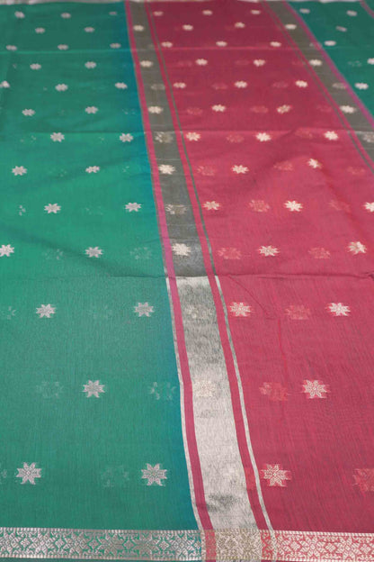 Green Semi Maheswari Cotton Sampada Puspa Butta Contrast Pallu Saree