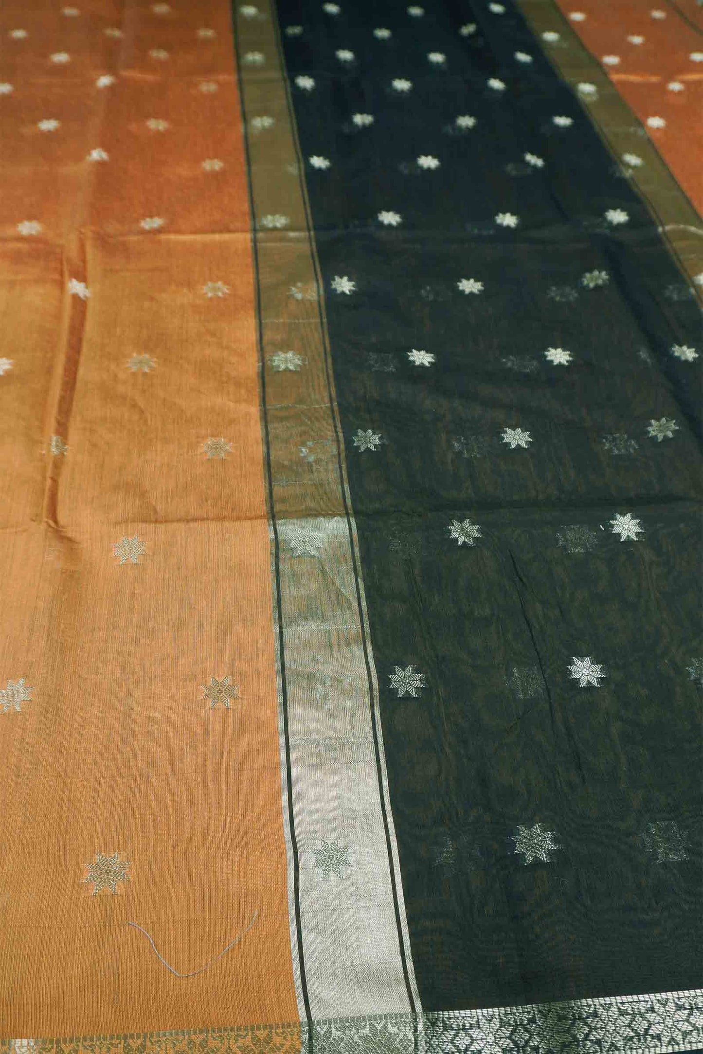 Dark Mustard Yellow Semi Maheswari Cotton Sampada Puspa Butta Contrast Pallu Saree