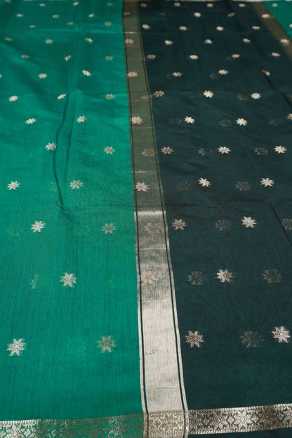Green Semi Maheswari Cotton Sampada Puspa Butta Contrast Pallu Saree