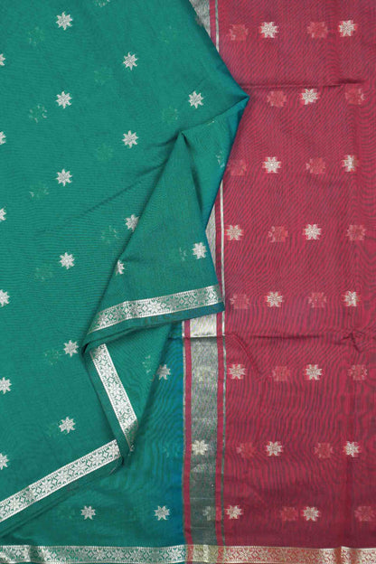 Green Semi Maheswari Cotton Sampada Puspa Butta Contrast Pallu Saree