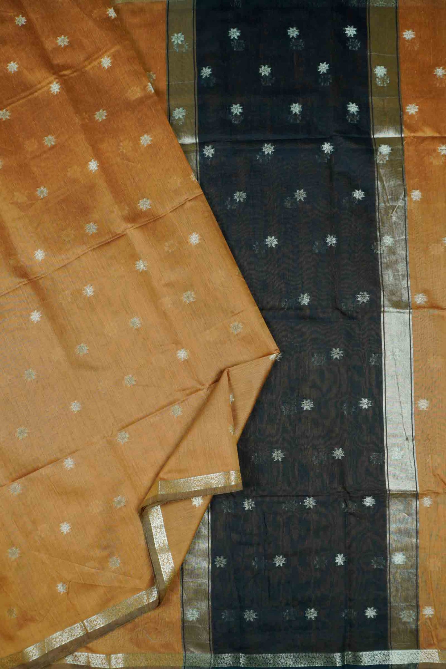 Dark Mustard Yellow Semi Maheswari Cotton Sampada Puspa Butta Contrast Pallu Saree