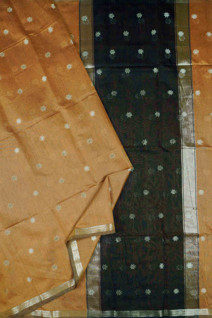 Dark Mustard Yellow Semi Maheswari Cotton Sampada Puspa Butta Black Contrast Pallu Saree