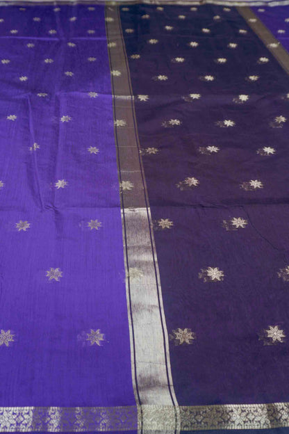 Violet Semi Maheswari Cotton Sampada Puspa Butta Contrast Pallu Saree