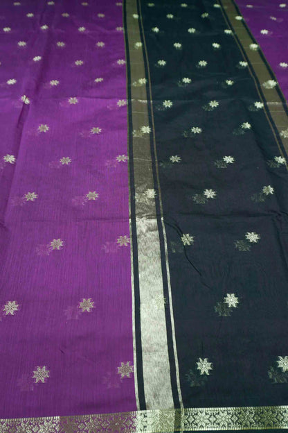 Purple Semi Maheswari Cotton Sampada Puspa Butta Black Contrast Pallu Saree