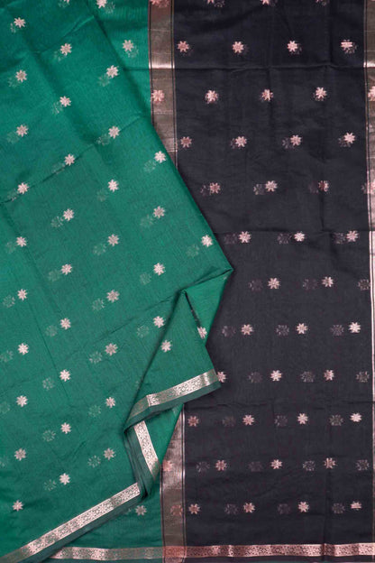 Green Semi Maheswari Cotton Sampada Puspa Butta Contrast Pallu Saree