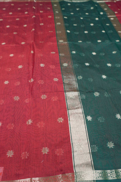 Maroon Semi Maheswari Cotton Sampada Puspa Butta Contrast Pallu Saree