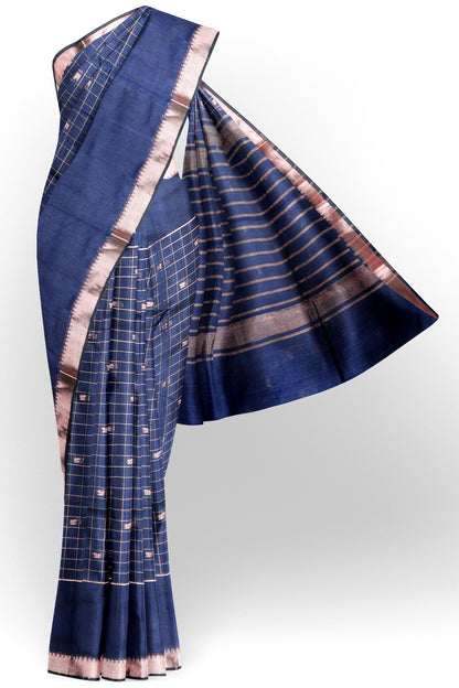 Mid-Night Blue Semi Maheswari Cotton Chandrika Checks Butta Saree