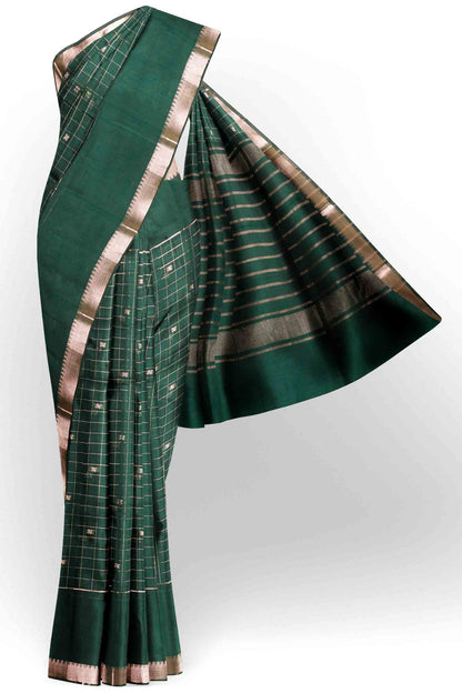 Dark Green Semi Maheswari Cotton Chandrika Checks Butta Saree NAA233