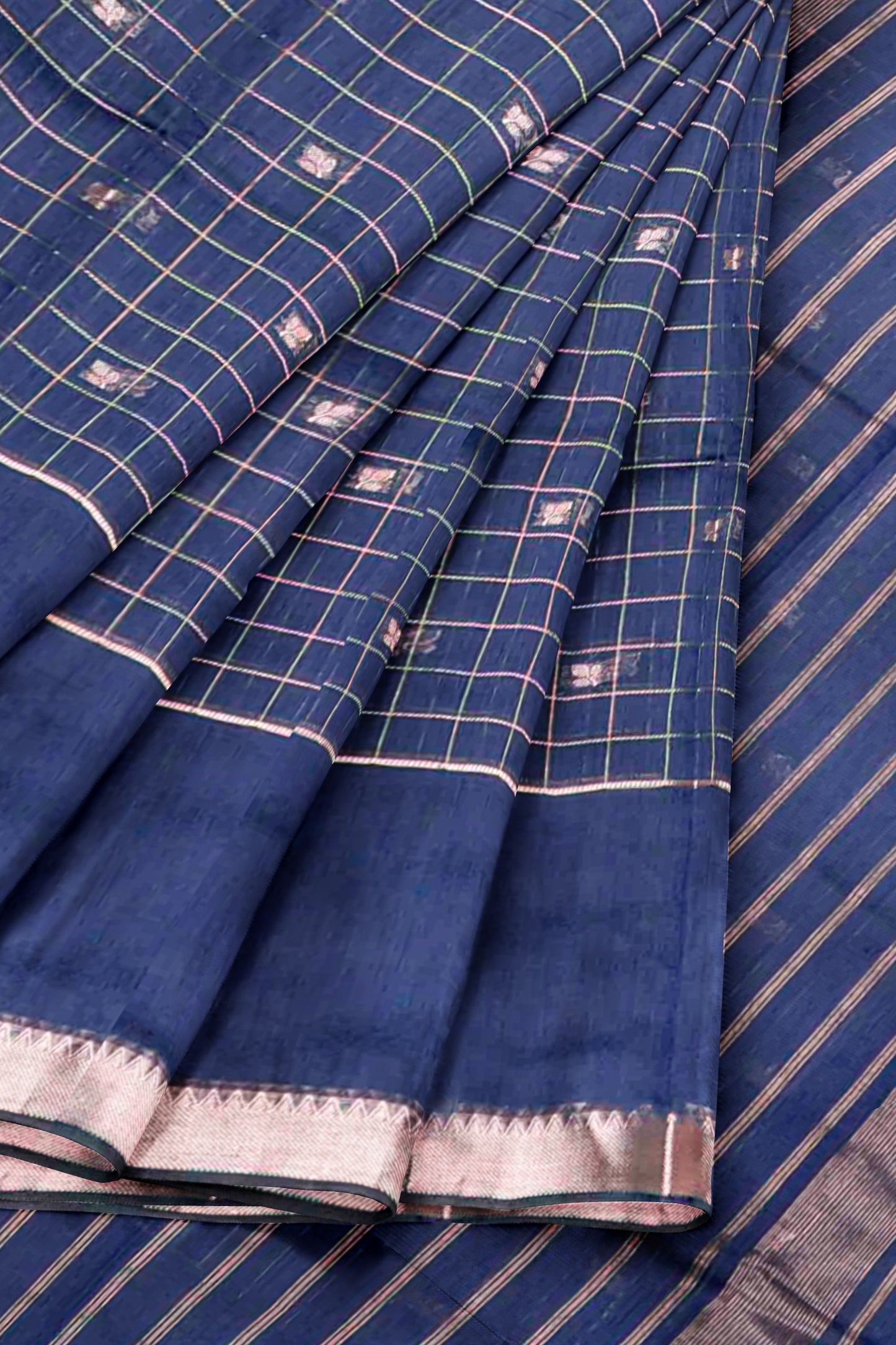 Mid-Night Blue Semi Maheswari Cotton Chandrika Checks Butta Saree
