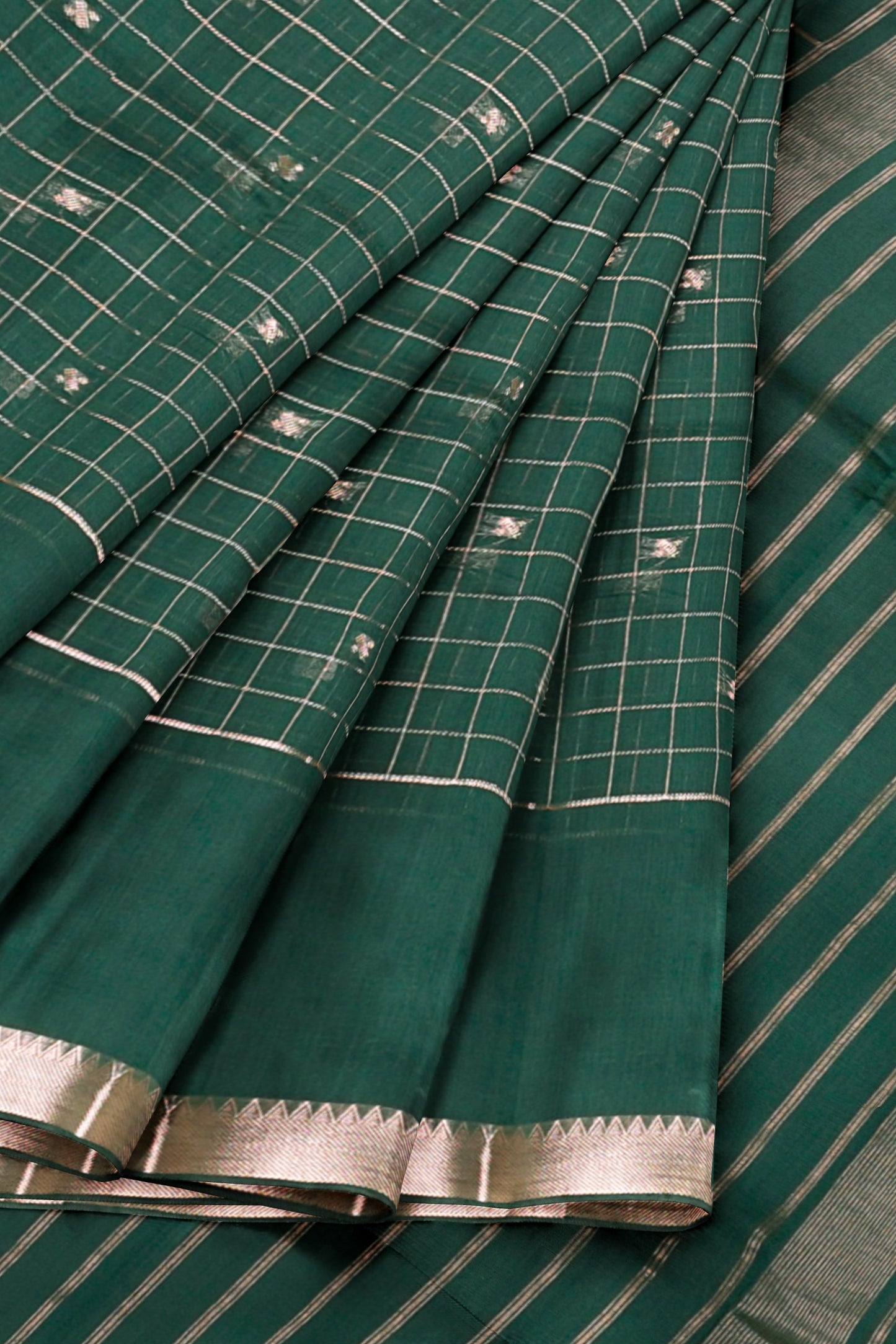 Dark Green Semi Maheswari Cotton Chandrika Checks Butta Saree NAA233