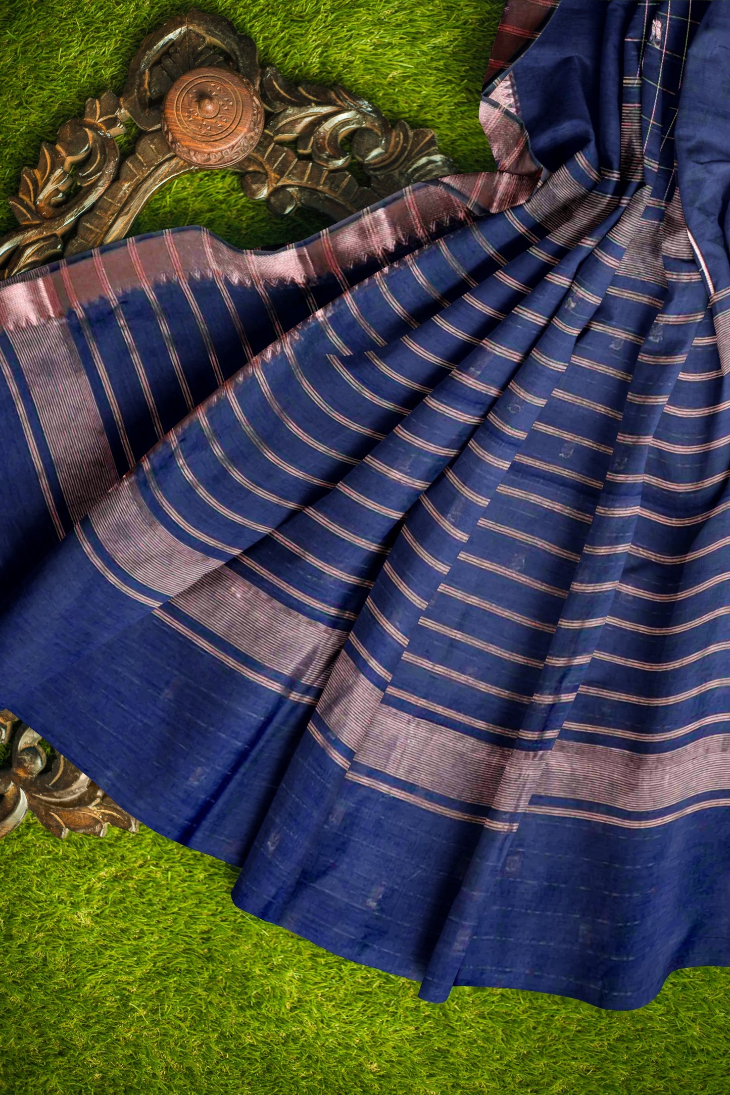 Mid-Night Blue Semi Maheswari Cotton Chandrika Checks Butta Saree