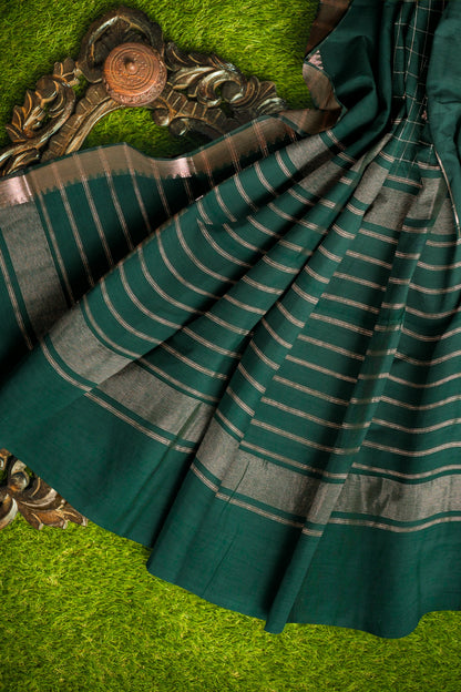 Dark Green Semi Maheswari Cotton Chandrika Checks Butta Saree NAA233