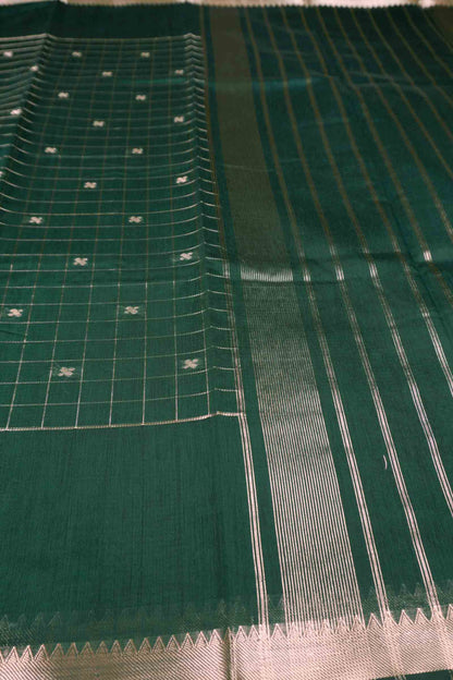 Dark Green Semi Maheswari Cotton Chandrika Checks Butta Saree NAA233