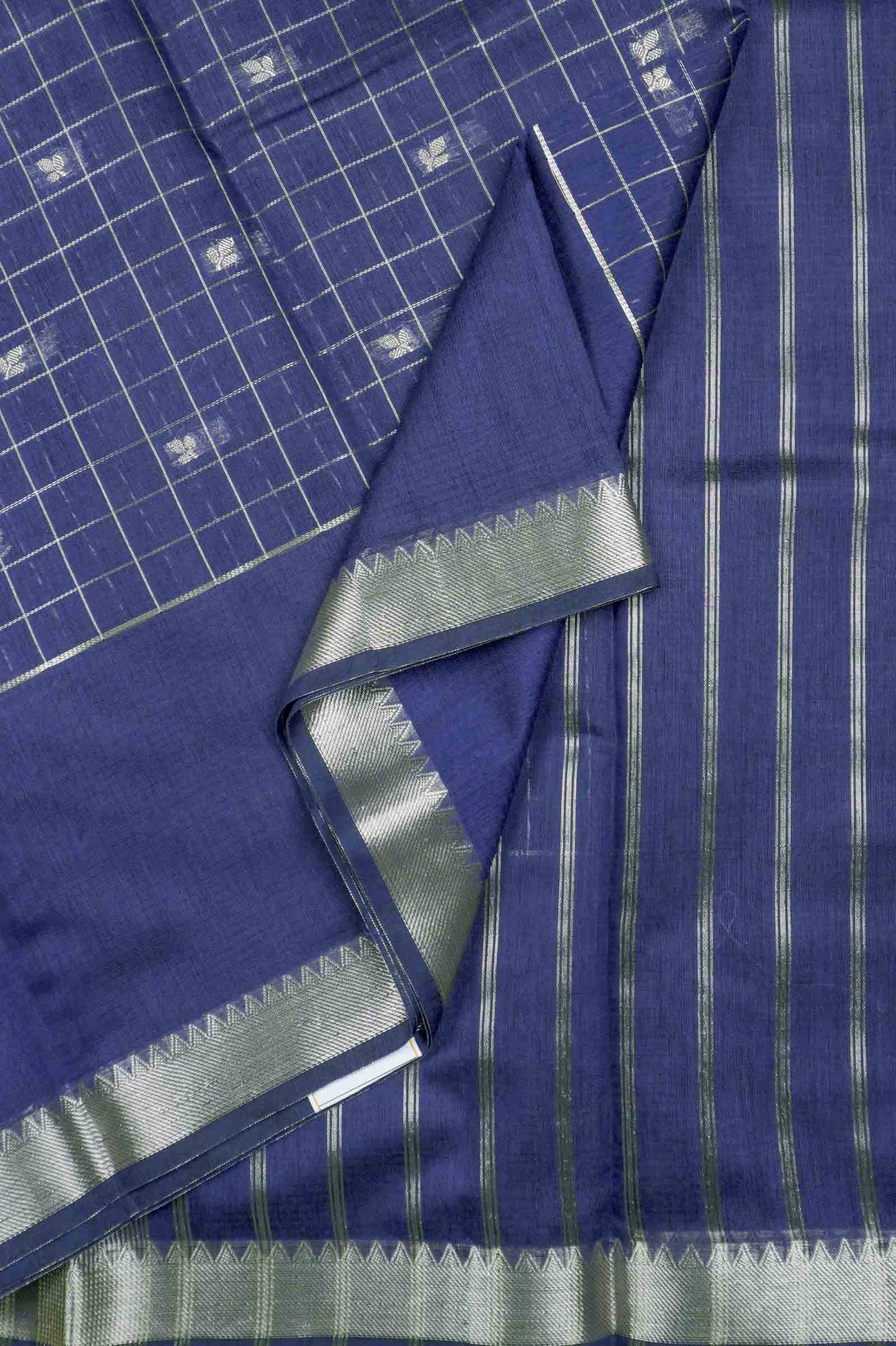 Mid-Night Blue Semi Maheswari Cotton Chandrika Checks Butta Saree