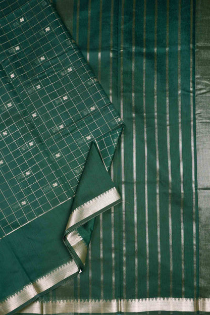 Dark Green Semi Maheswari Cotton Chandrika Checks Butta Saree NAA233