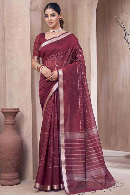Maroon Semi Maheswari Cotton Chandrika Checks Butta Saree