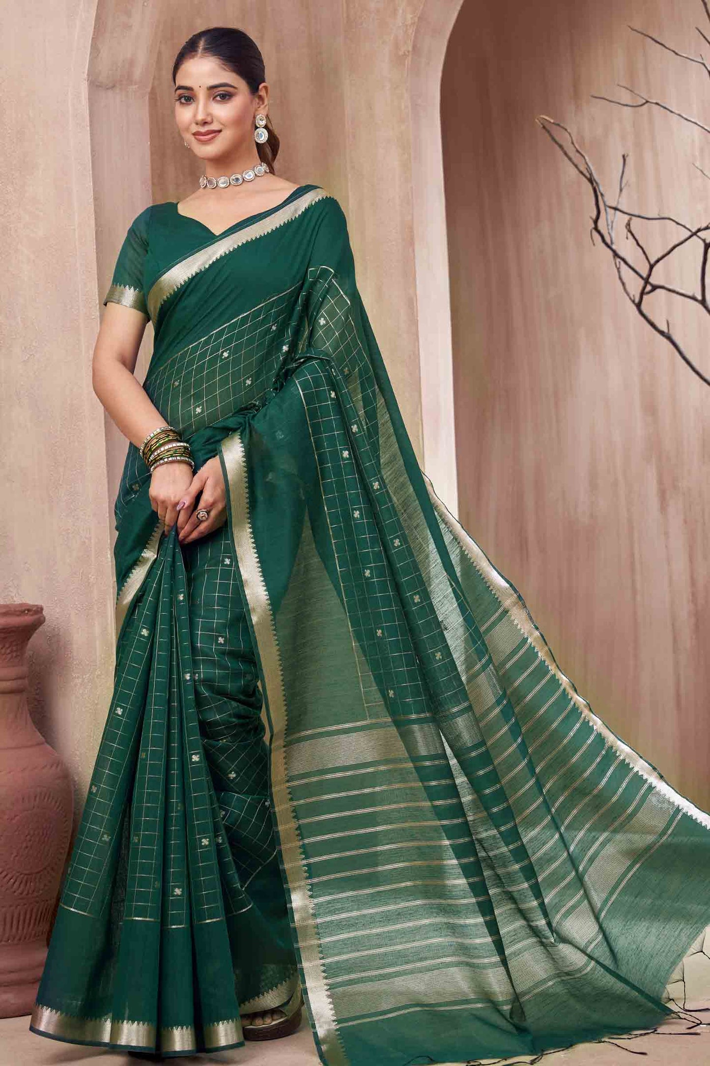 Dark Green Semi Maheswari Cotton Chandrika Checks Butta Saree NAA233