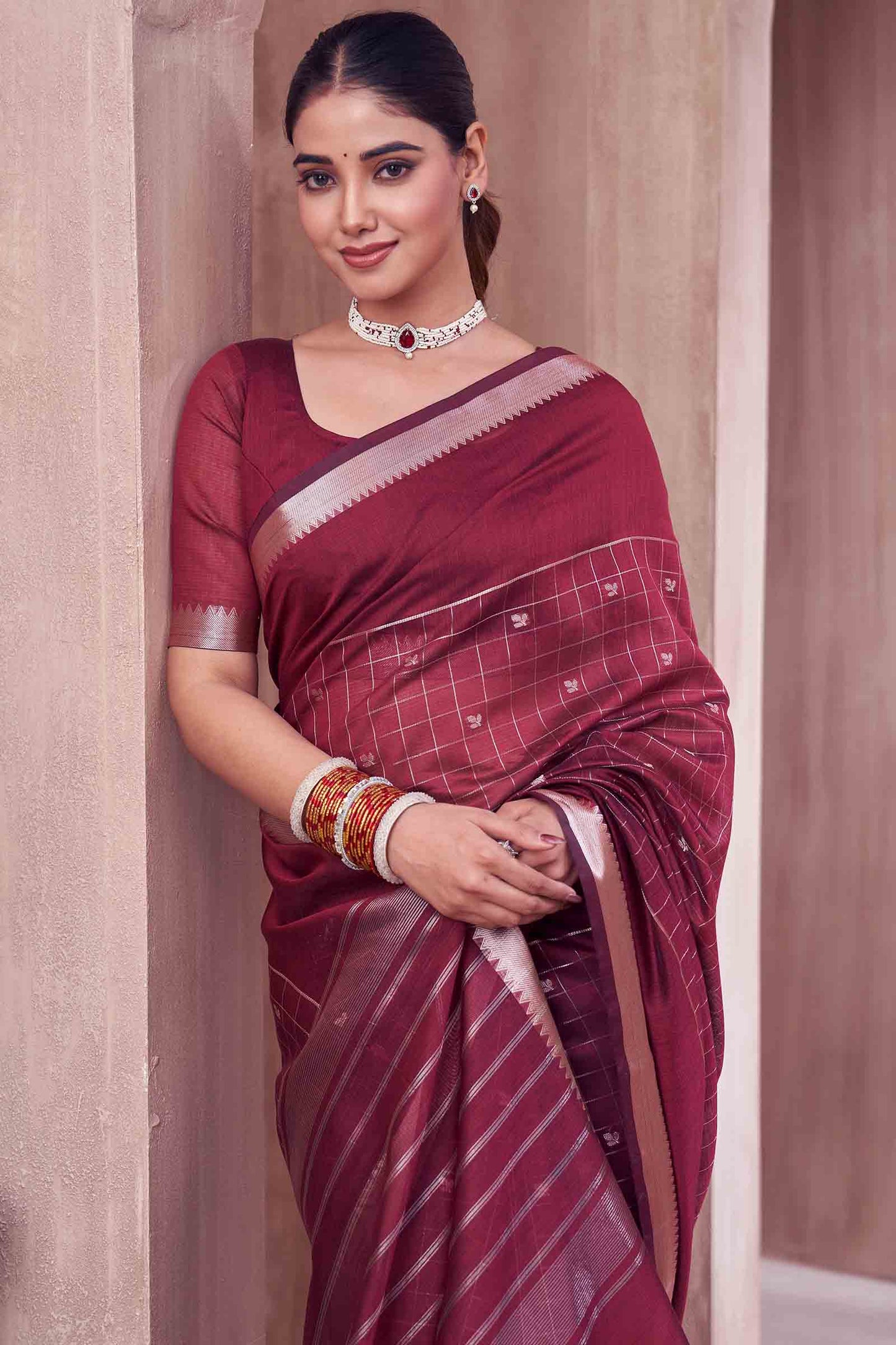 Maroon Semi Maheswari Cotton Chandrika Checks Butta Saree