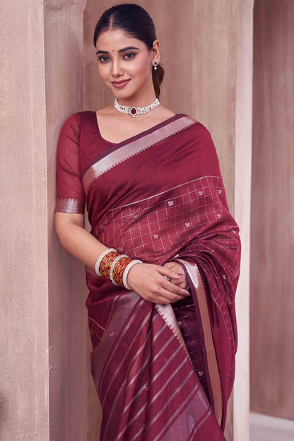 Maroon Semi Maheswari Cotton Chandrika Checks Butta Saree