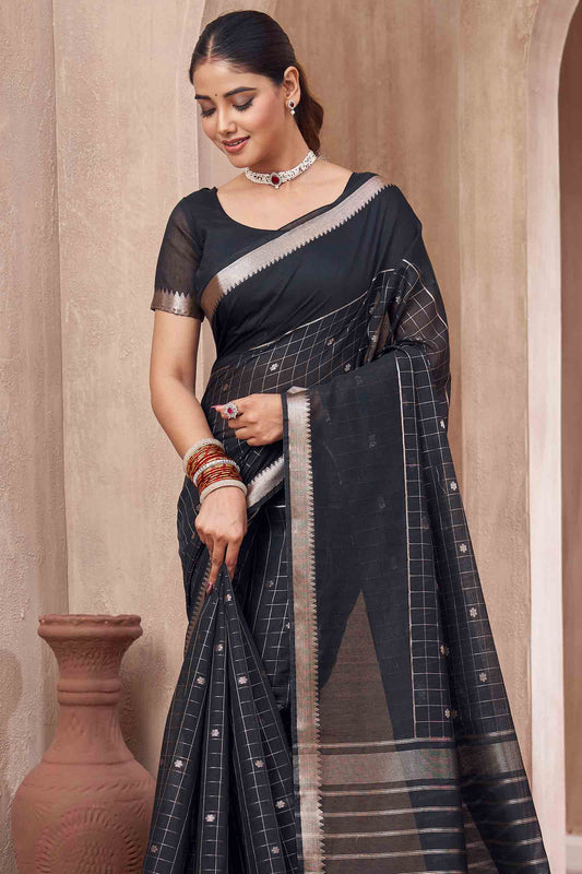 Black Semi Maheswari Cotton Chandrika Checks Butta Saree