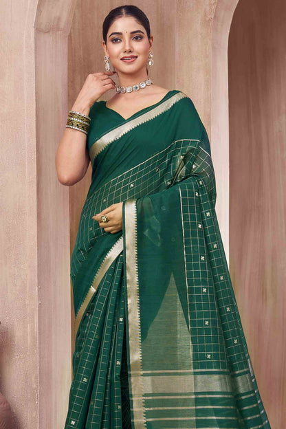 Dark Green Semi Maheswari Cotton Chandrika Checks Butta Saree NAA233