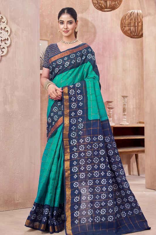 Green Pure Sungudi Cotton Golden Check Floral Rangoli and Zari Border Saree NAA242