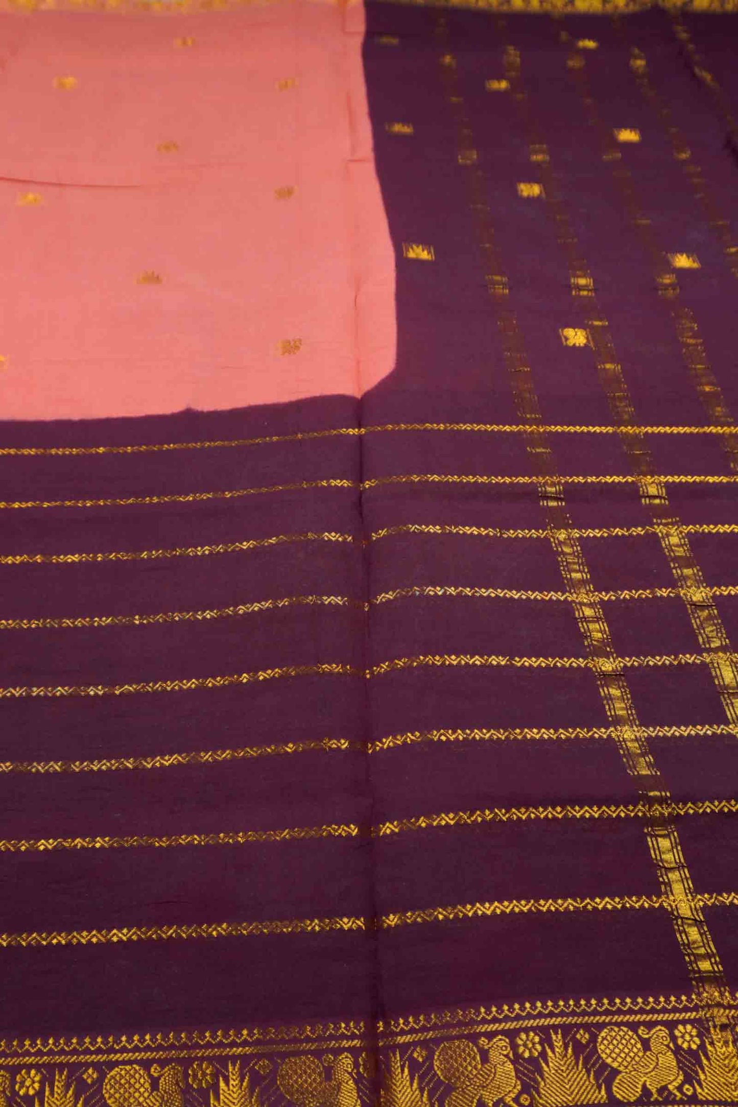 Peach Pure Sungudi Cotton Annam Buta Veldhari Zari Saree NAA245