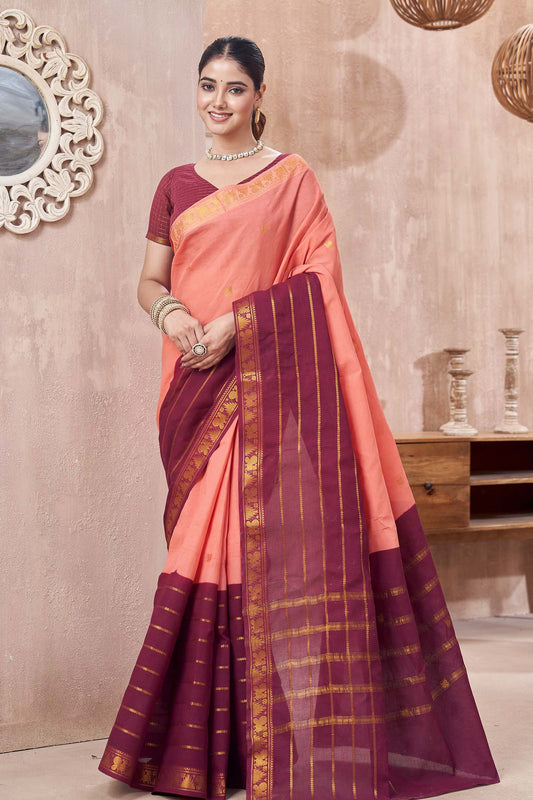 Peach Pure Sungudi Cotton Annam Buta Veldhari Zari Saree NAA245