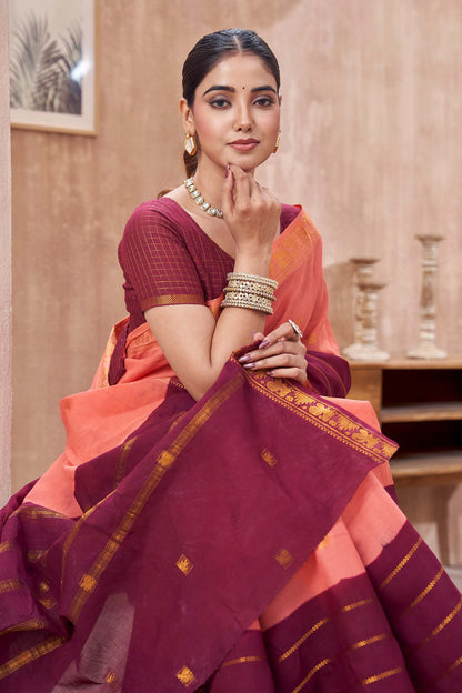 Peach Pure Sungudi Cotton Annam Buta Veldhari Zari Saree NAA245