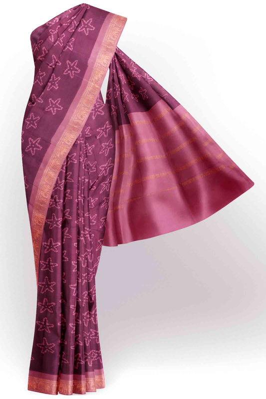 Dark Purple Pure Sungudi Cotton Star Fish Prints Zari Border Saree