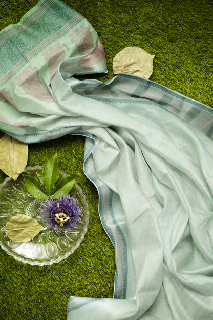 Light Pista Green Pure South Cotton Long Paisely Butta Saree NAA240