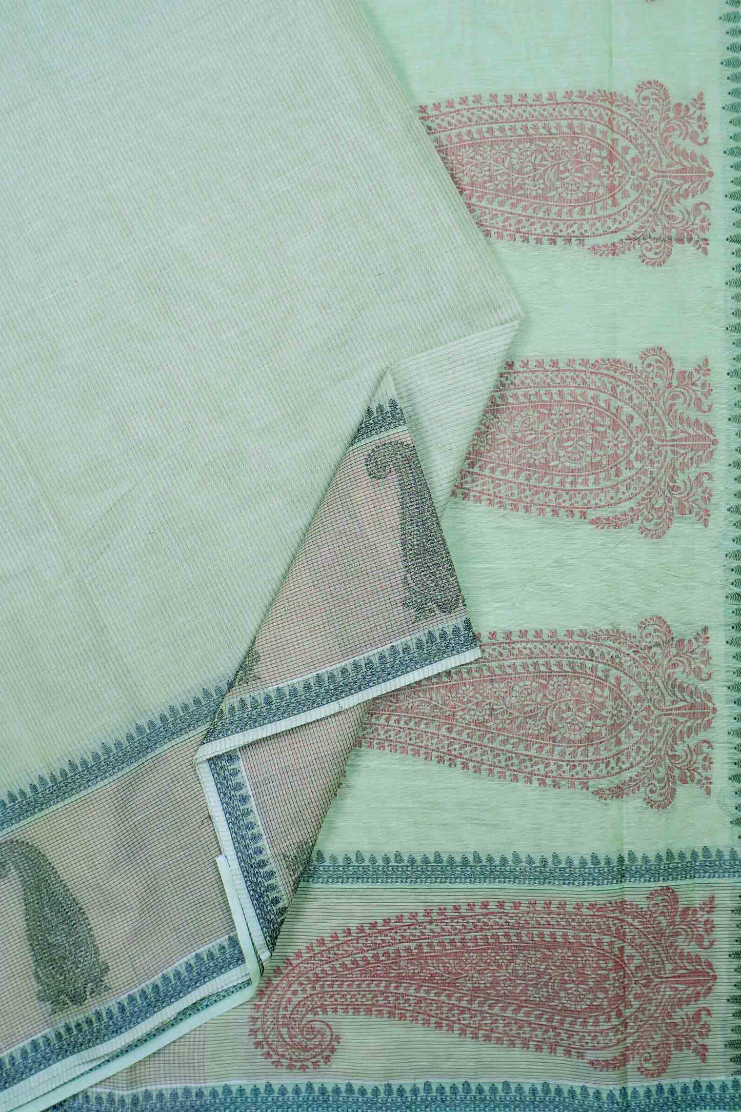 Light Pista Green Pure South Cotton Long Paisely Butta Saree NAA240