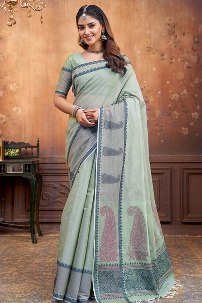 Light Pista Green Pure South Cotton Long Paisely Butta Saree NAA240