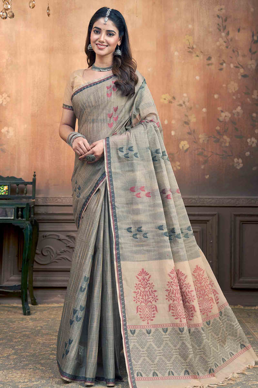 Fossil Grey Pure South Cotton Tulip Garden Butta Saree NAA238
