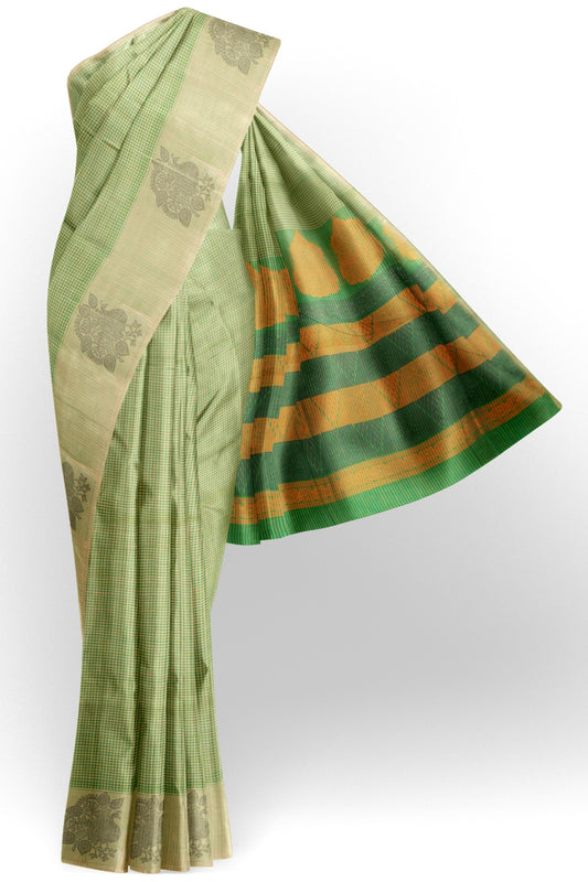 Green Pure South Cotton Mini Checks  Annan Border Saree