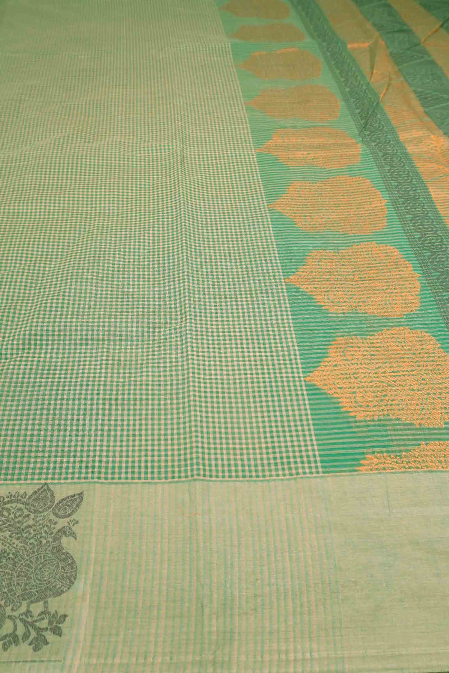 Green Pure South Cotton Mini Checks  Annan Border Saree