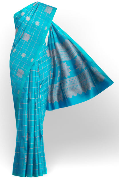 Sky Blue Pure South Cotton Checks Butta Star Pallu Saree NAA239