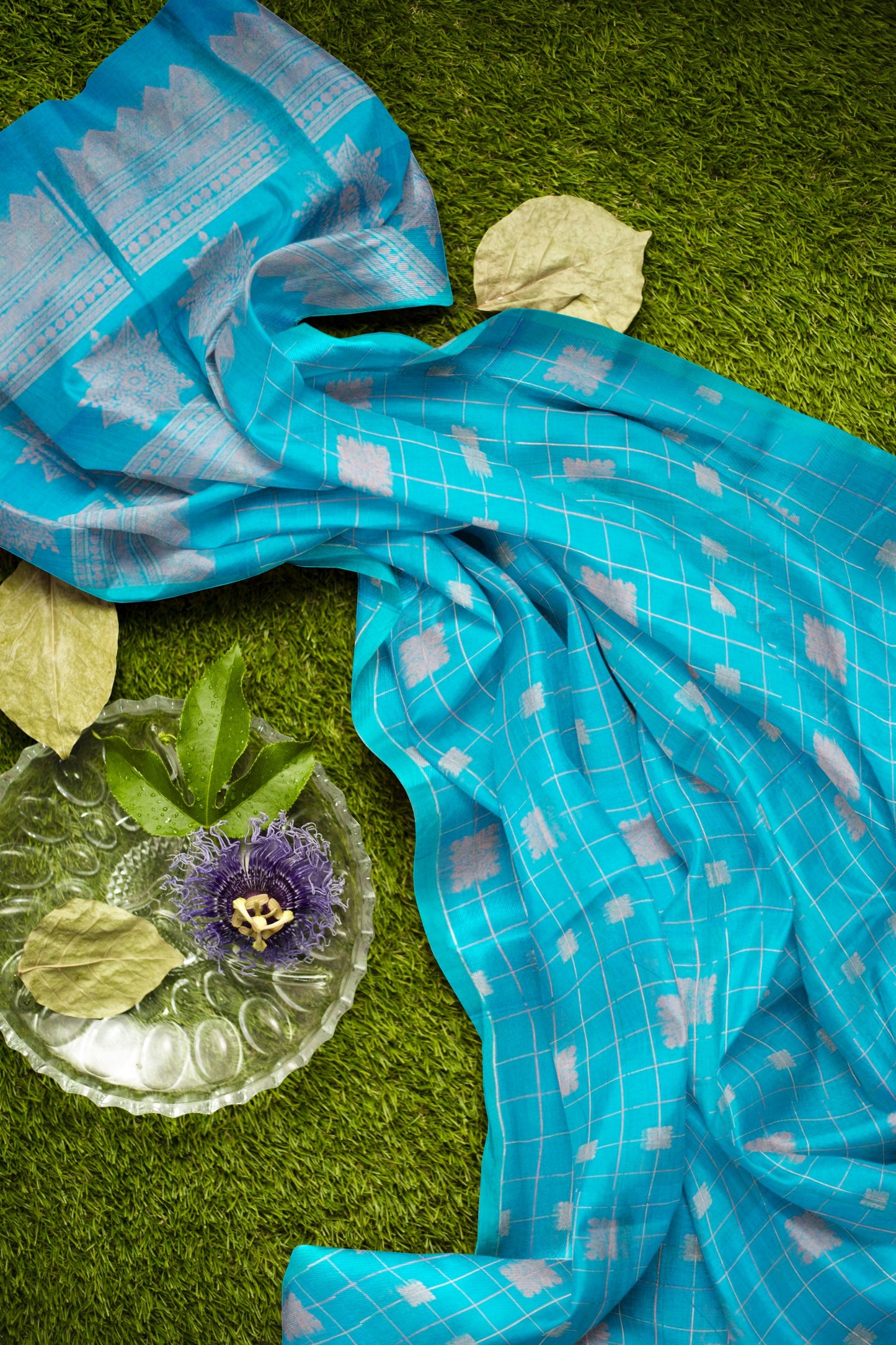Sky Blue Pure South Cotton Checks Butta Star Pallu Saree NAA239