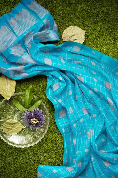 Sky Blue Pure South Cotton Checks Butta Star Pallu Saree NAA239
