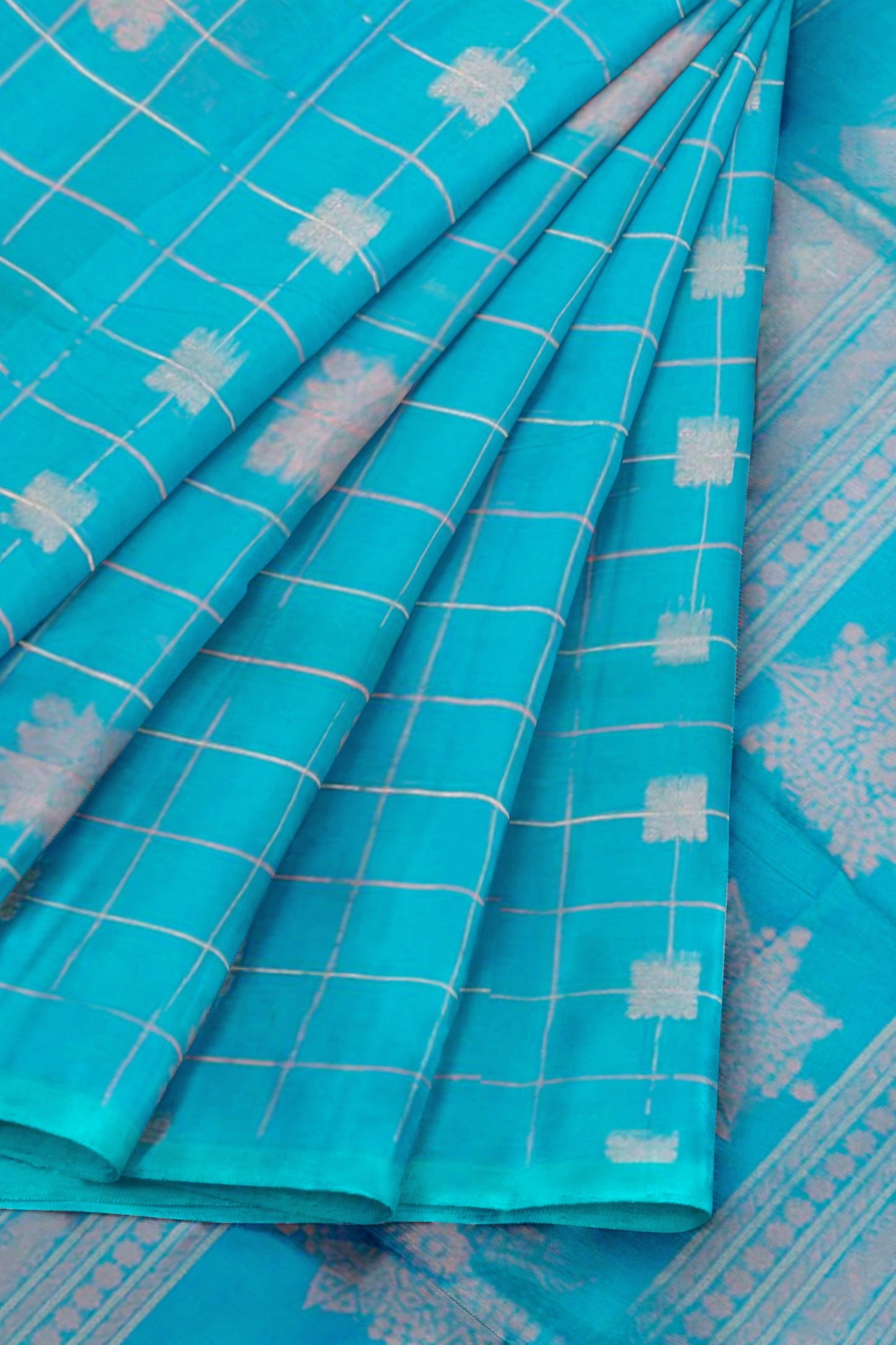 Sky Blue Pure South Cotton Checks Butta Star Pallu Saree NAA239